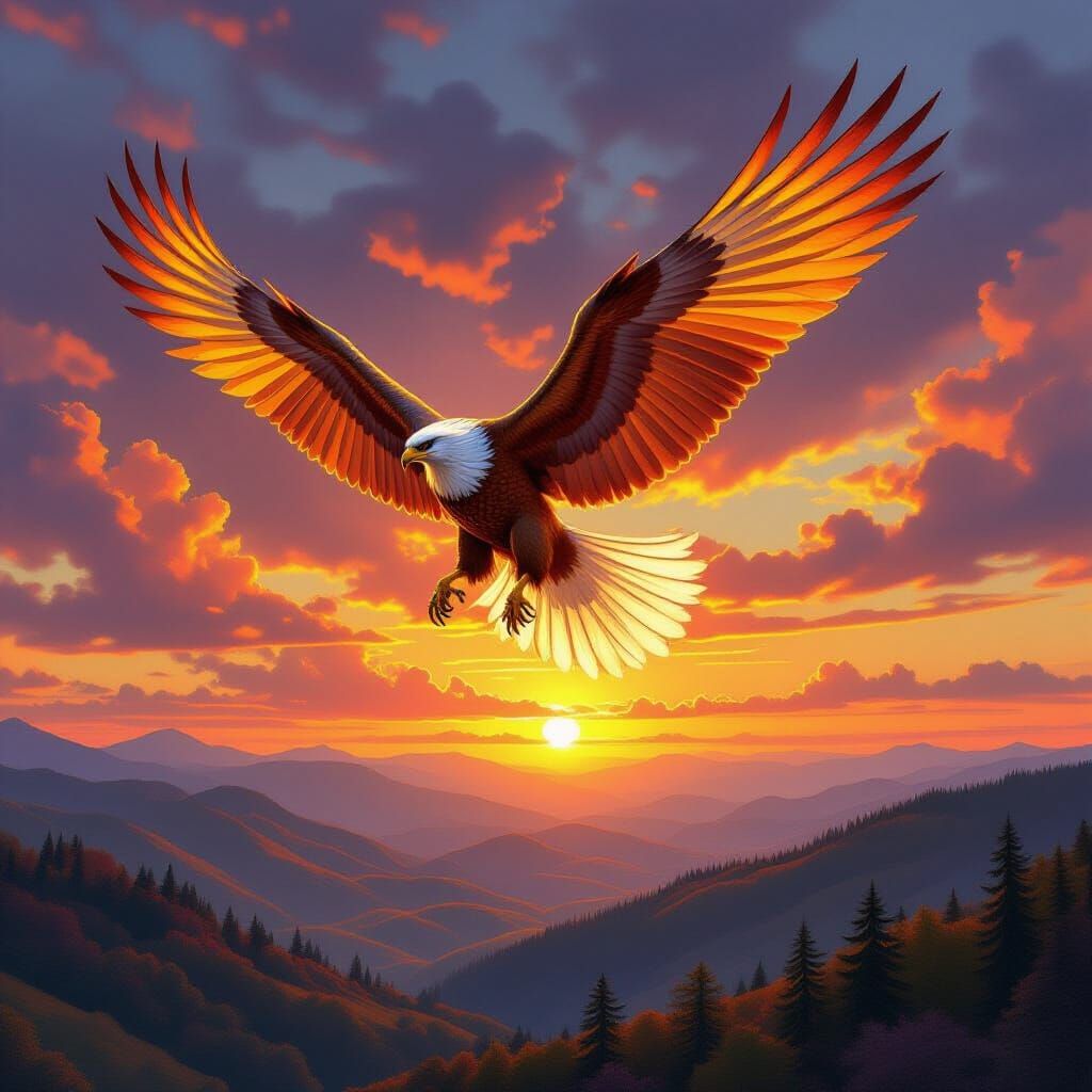 Griffin Soaring Through Sunset Sky