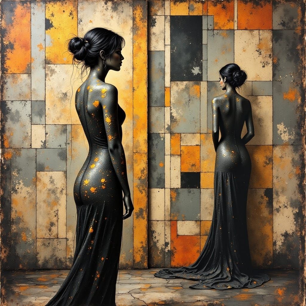 Woman Merges with Geometric Pattern in Austere Style