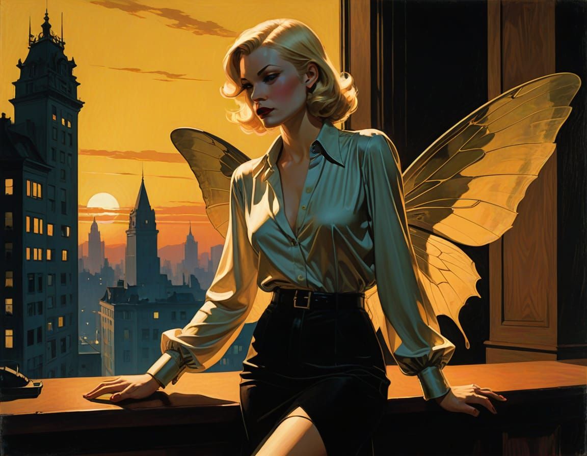 Ethereal Fairy in Dark Urban Film Noir Sunset