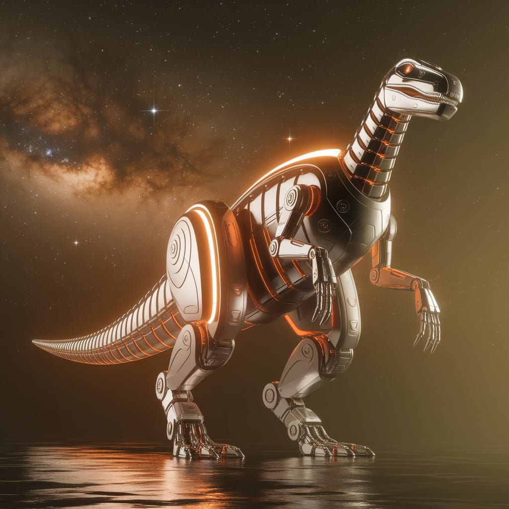 Colossal Hall-Robot Dinosaur Gleaming in Space