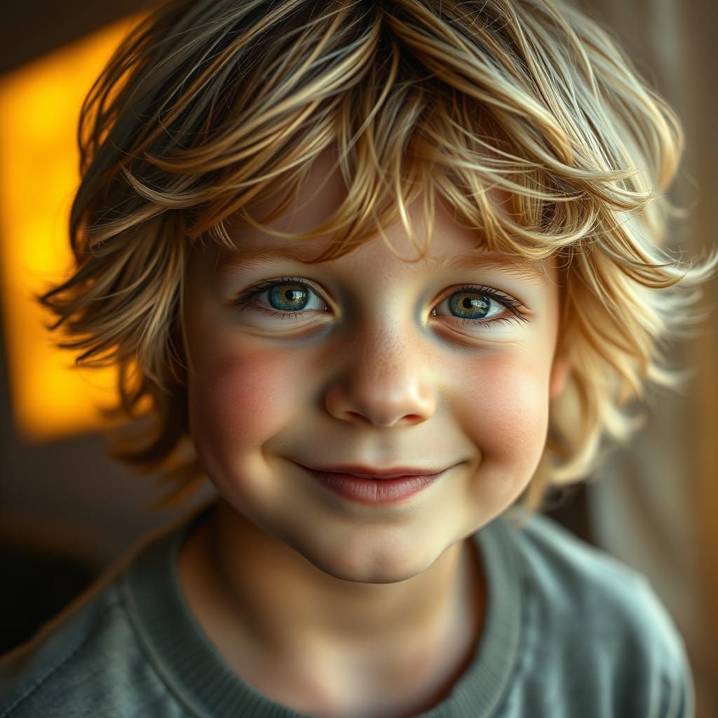 Cute European Boy with Heartwarming Smile in Dreamlike Magic...
