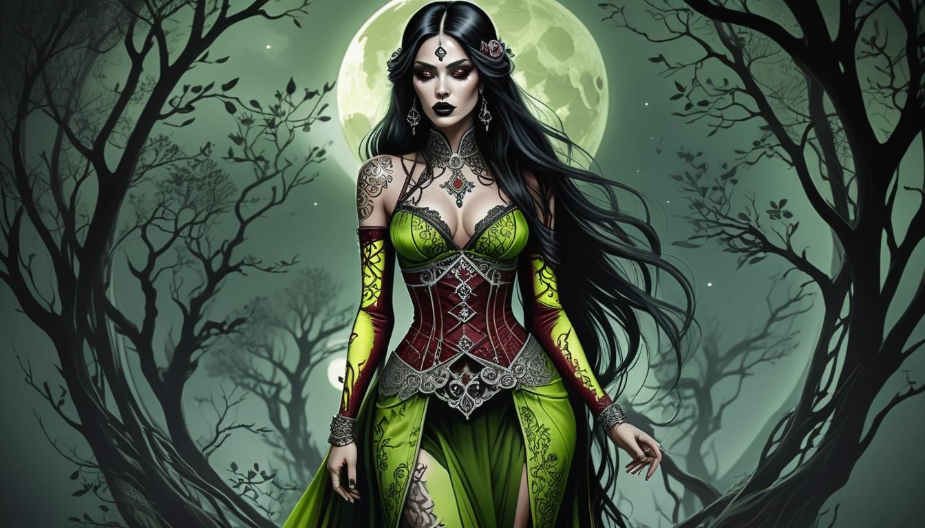 Saxon Woman with Gothic Lace Outfit in Moonlight