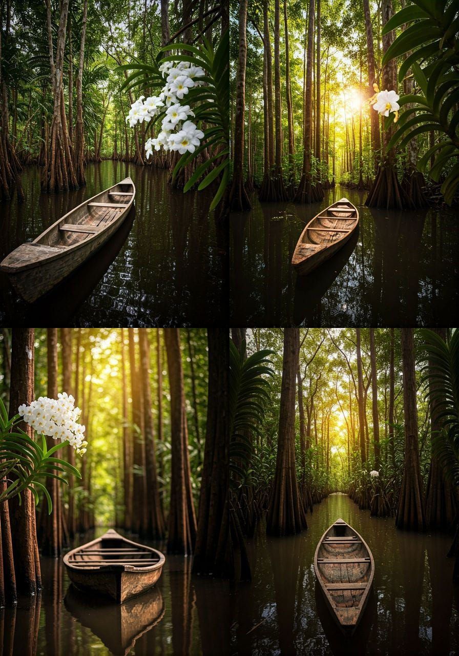 Rustic Amazonian Canoe in Flooded Jungle