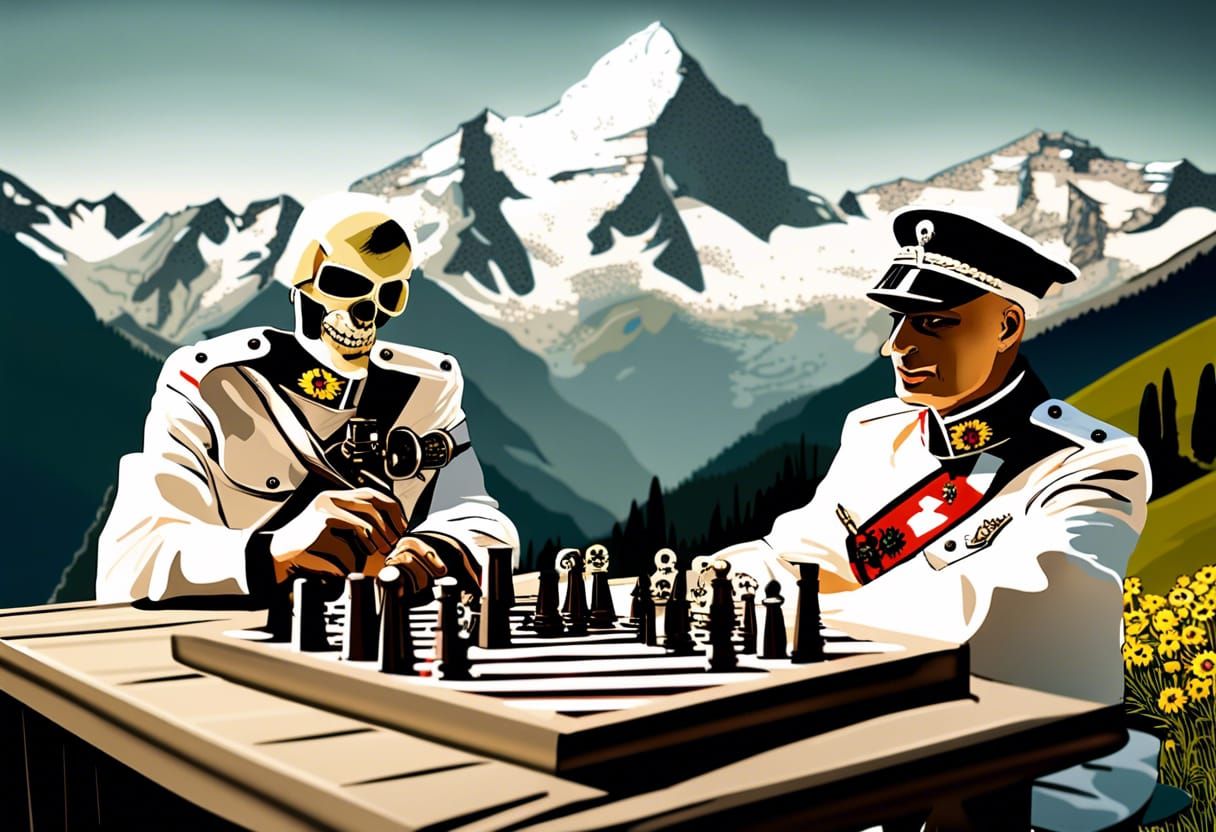 Bloke wearing no hat, taylored white German ww2 uniform, no hat, Laibach band full regalia, skull and eagle, revolver...