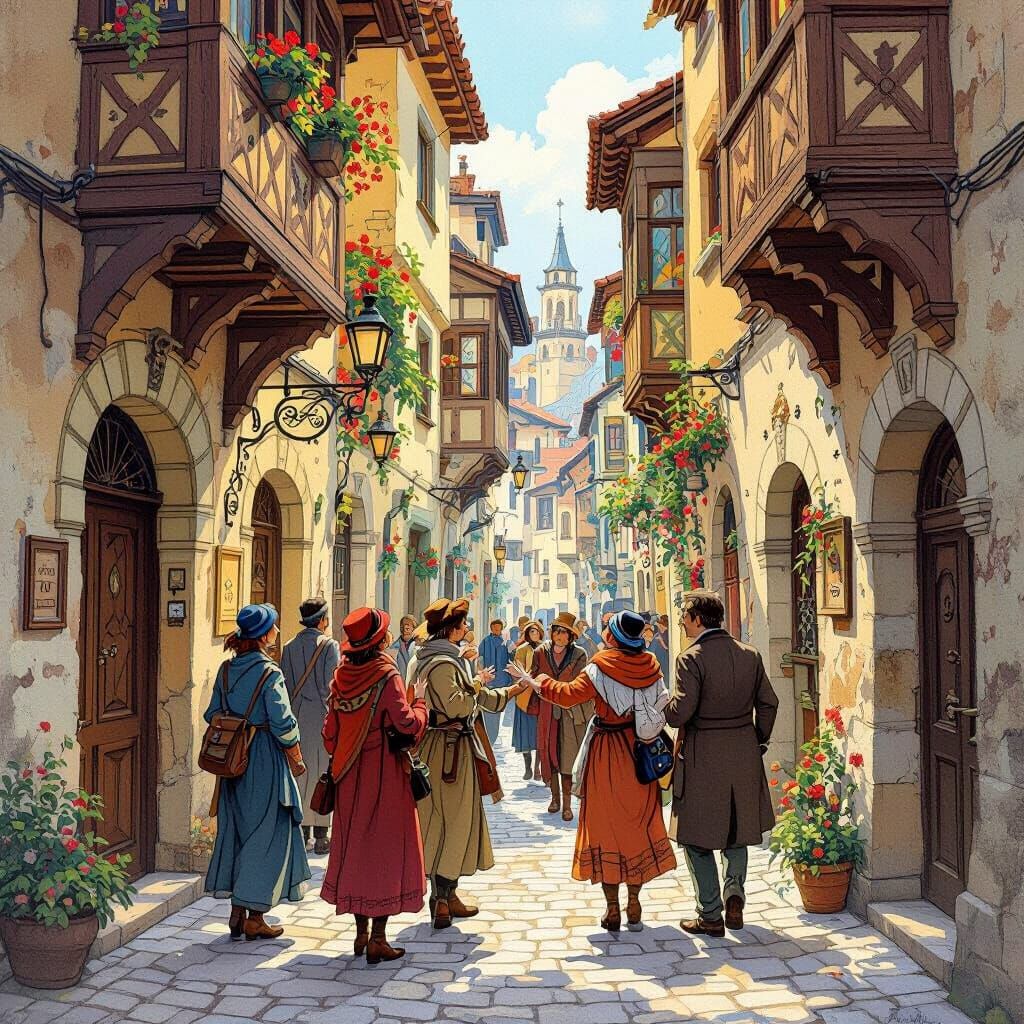 Warm Greetings in a Narrow Street with Intricate Architectur...