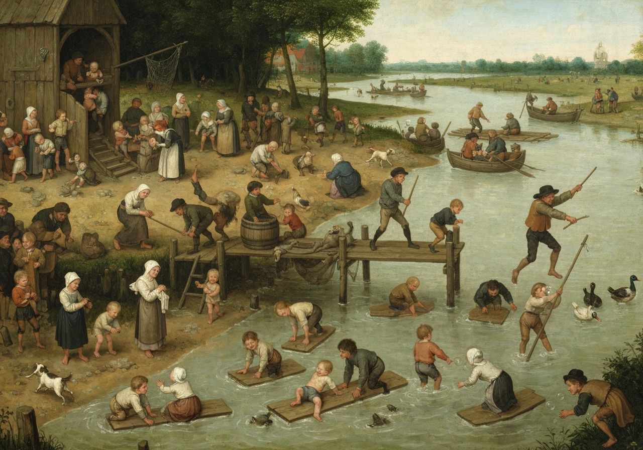 Lively Renaissance Riverbank Scene in Bruegel Style
