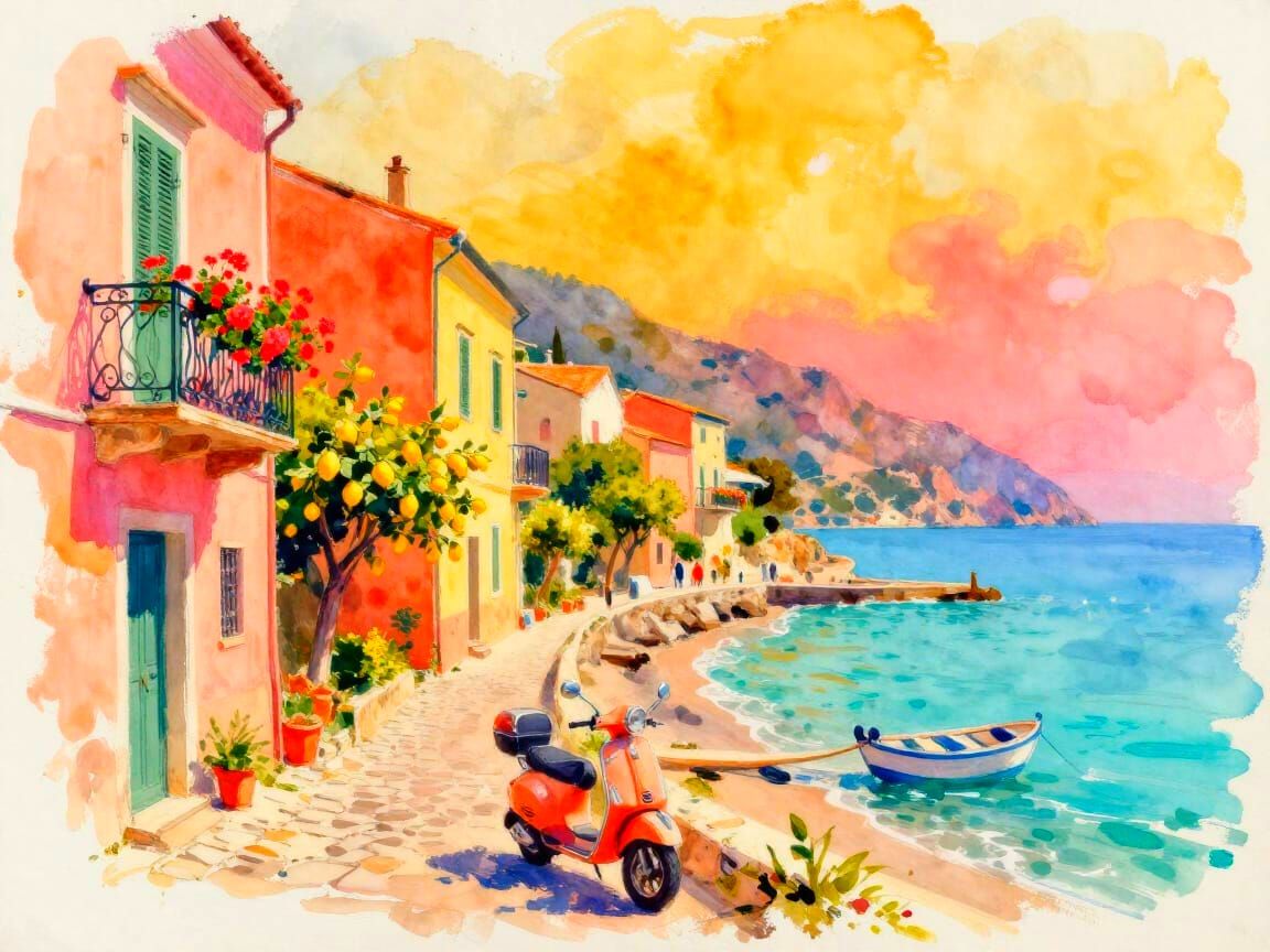 Amalfi Coast Homes with Geraniums and Lemon Trees