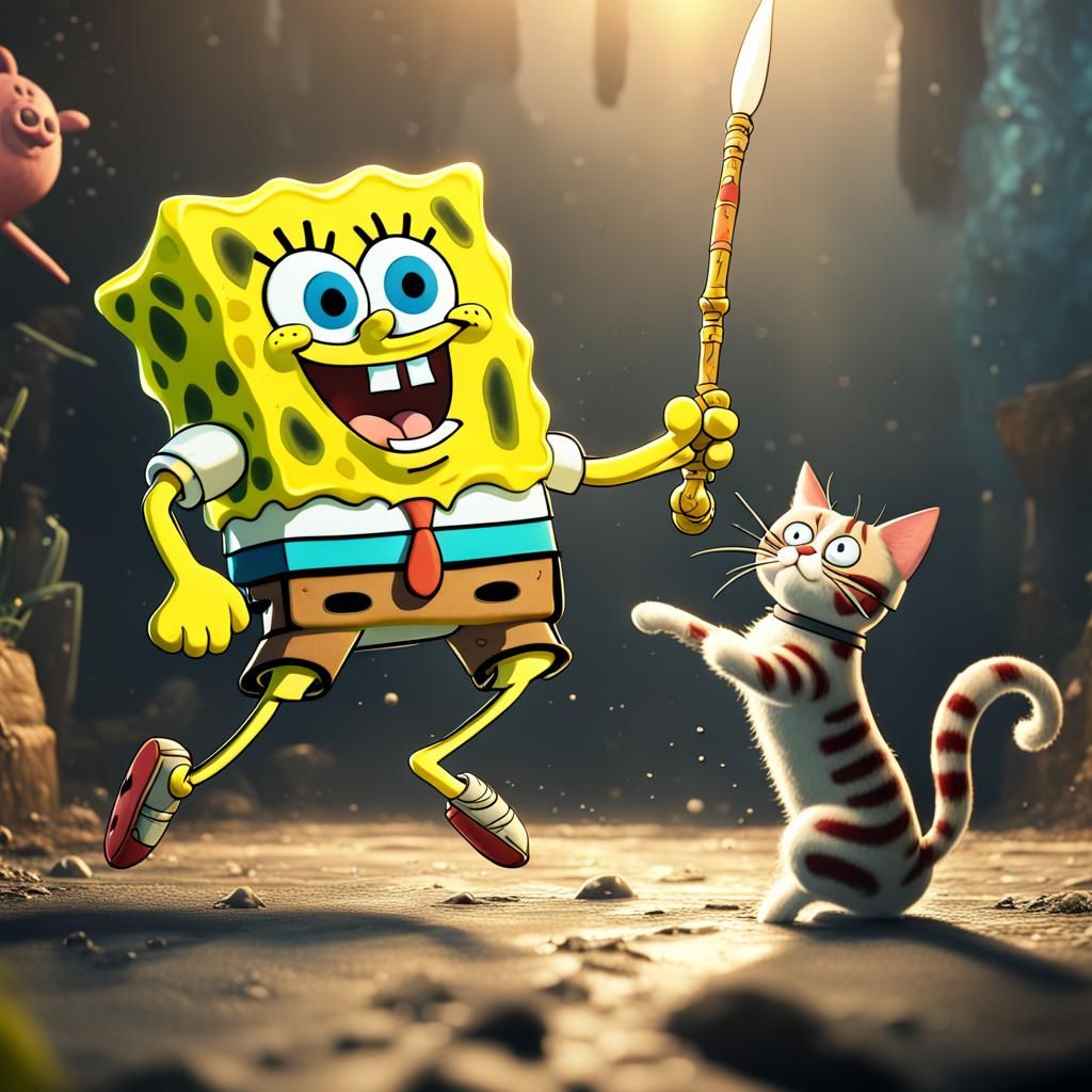 Spongebob Squarepants in a Cat Fight: Detailed Matte Paintin...