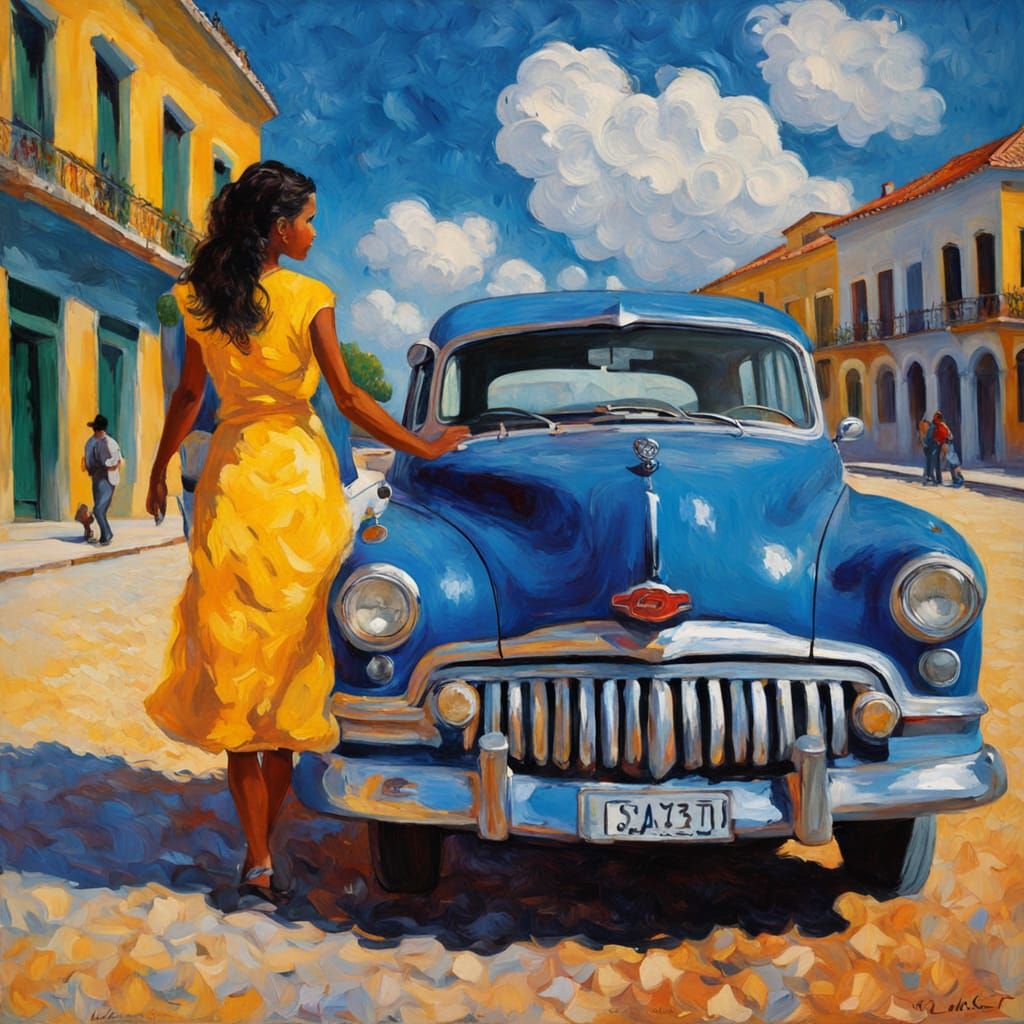 Vibrant Cuban Woman in Front of a Classic Car, Havana, Neo-I...