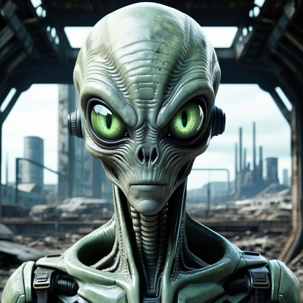 Anime Alien in Dystopian Sci-Fi Landscape