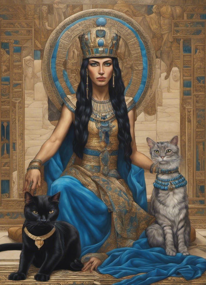 Cleopatra Portrait with Black Cat in Egyptian Art
