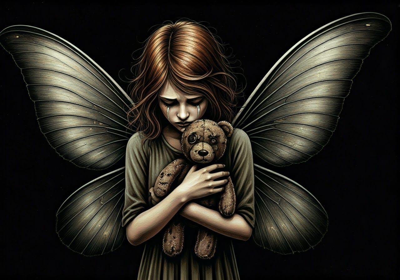 Ethereal Fairy Tenderly Holds a Battle-Scarred Teddy in a Sm...