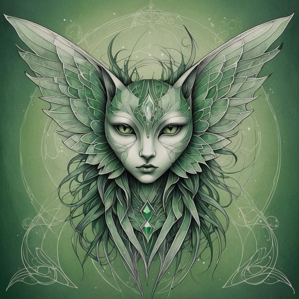 Mystical Winged Creature with Cat Eyes, Art Nouveau Style