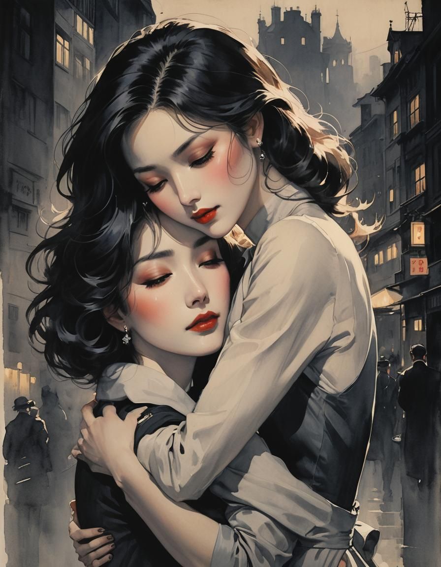 art by Takabatake Kasho, two beautifully elegant women tenderly hugging faces inches apart, breathing each other's air, ...