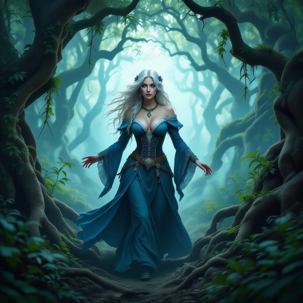 Sorceress Emerges from Psychedelic Vortex into Forest