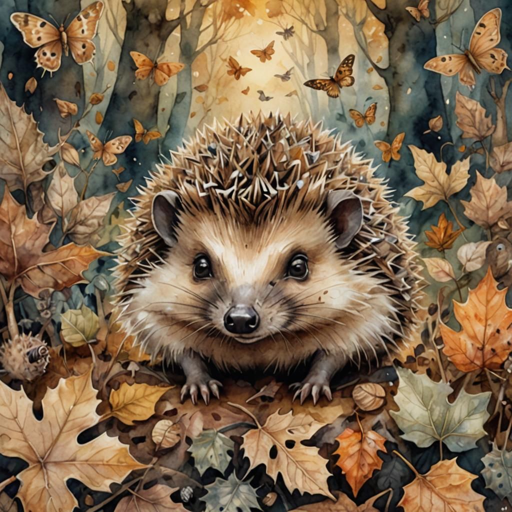 Hedgehog and Moths in Mystical Autumn Forest