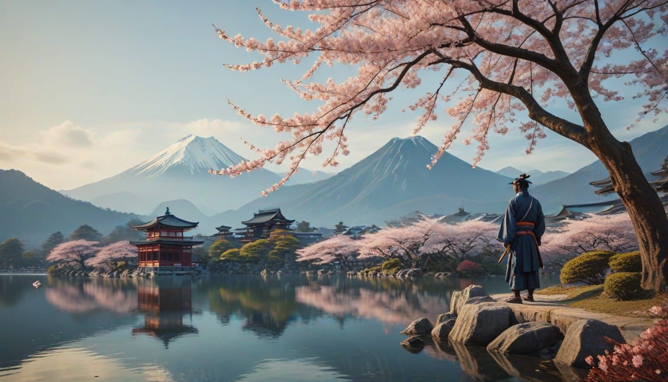 A beautiful ancient sakura tree in front of a lake. Mountains and Japanese temples in the background. A samurai smelling...