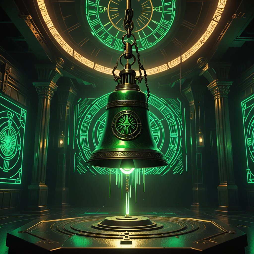 Cyberpunk Bell Tower Interior with Glowing Runes
