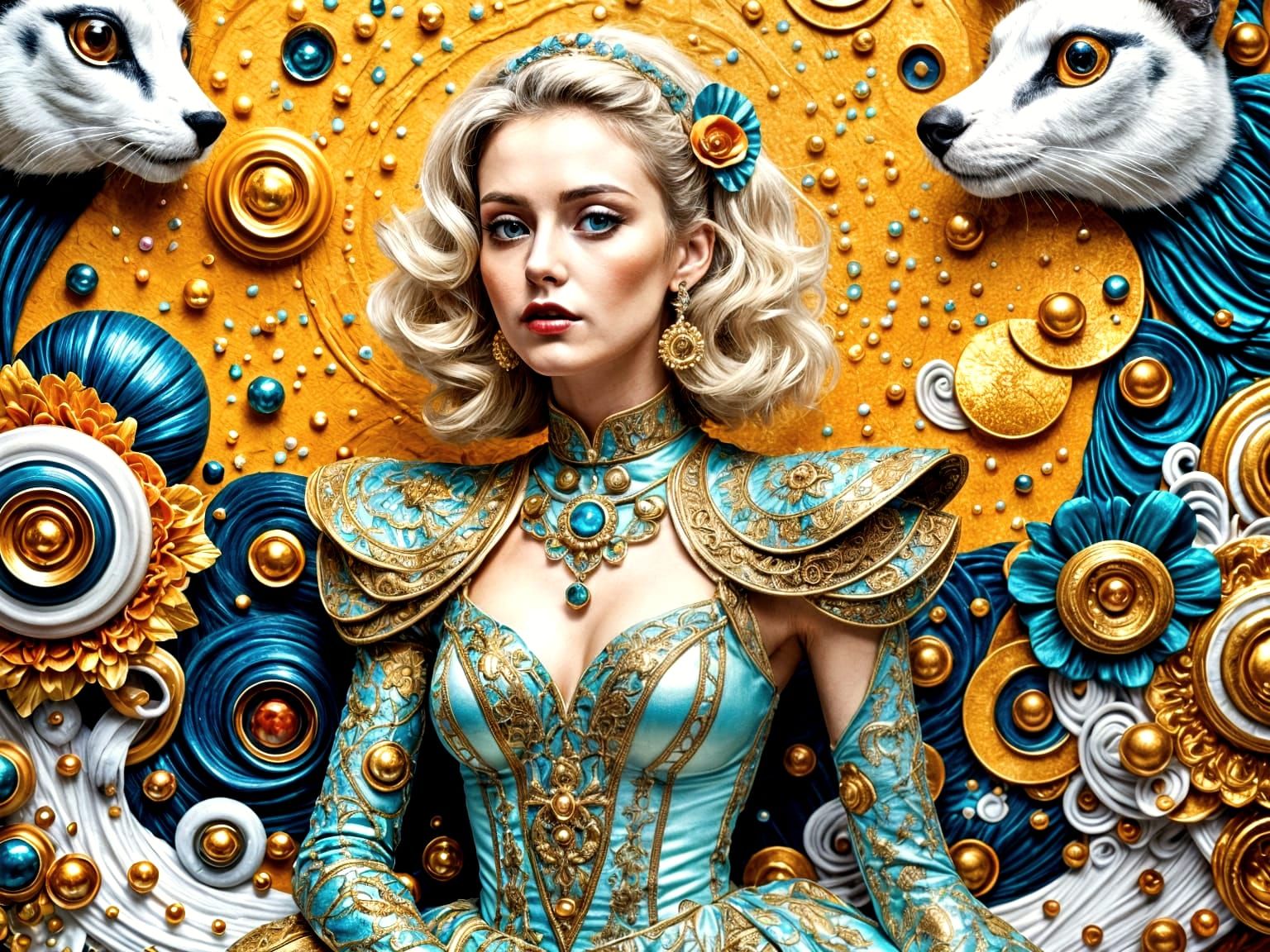 Woman Decorated with Colorful Spheres and Two Cats