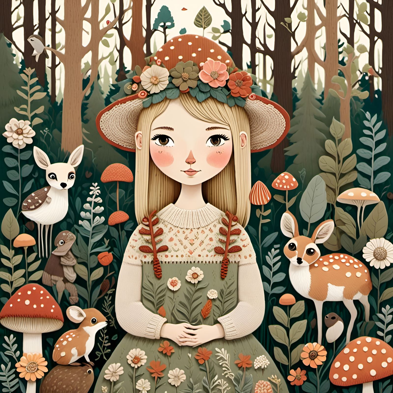 Blond Girl in Forest with Animals, Folk-Art Style