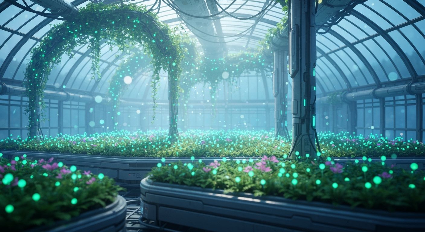 Futuristic Greenhouse on a Coin: Bioluminescent Flora, Ether...