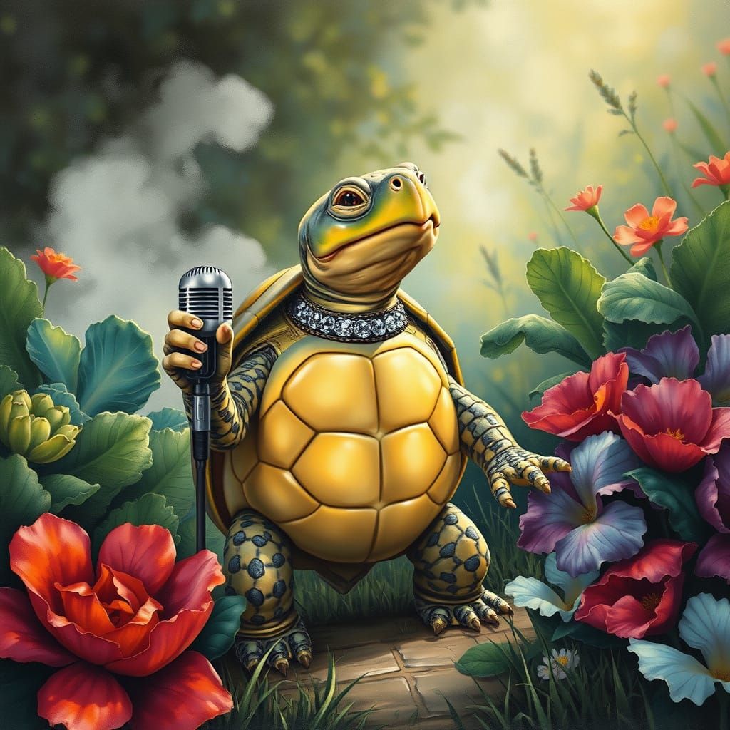 Singing Turtle in Garden: Charcoal Drawing with Ethereal Mis...