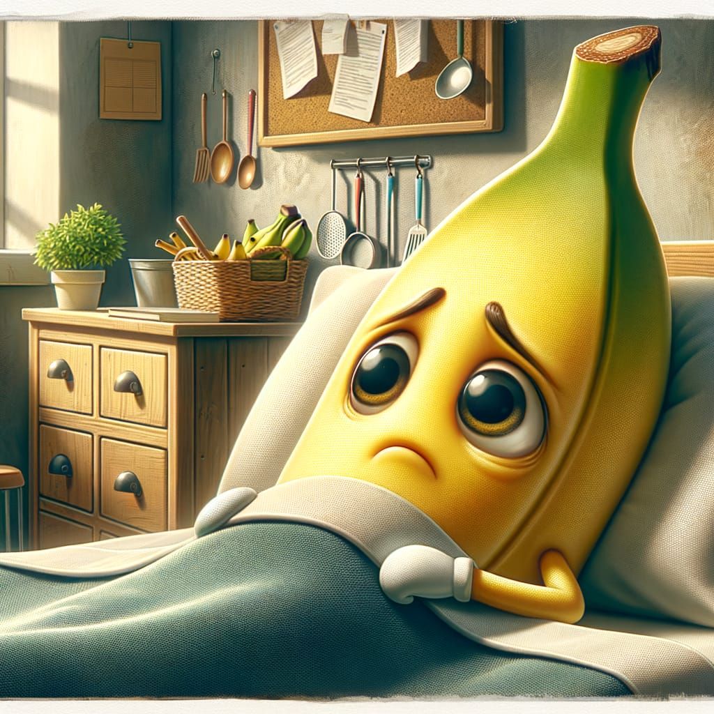 Sad Banana Character in Detailed Kitchen, Oil Painting Style