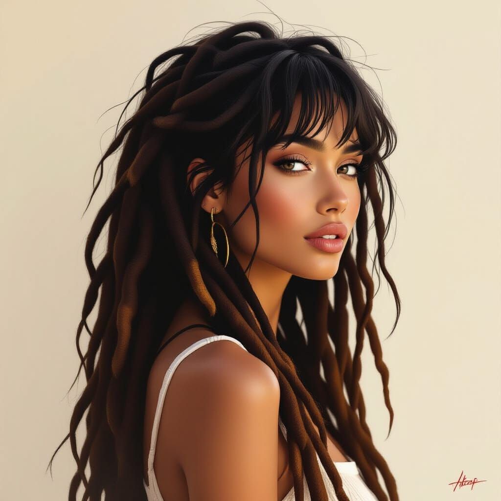 Woman with Voluminous Dreadlocks and Bangs