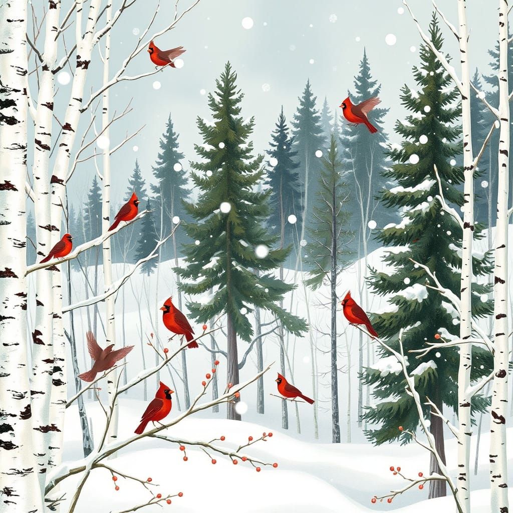 Winter Wonderland Gouache Painting: Snowy Forest Scene with...