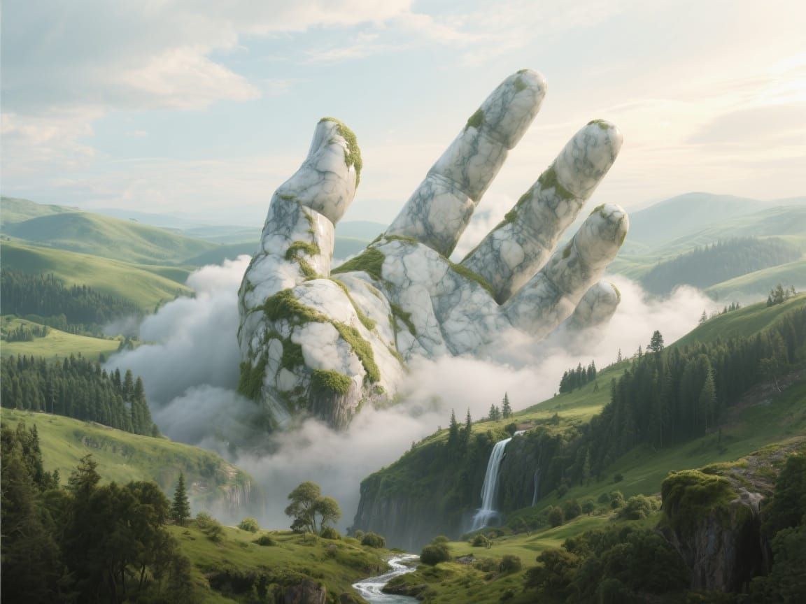 Colossal Marble Hand Emerges from Cloudscape