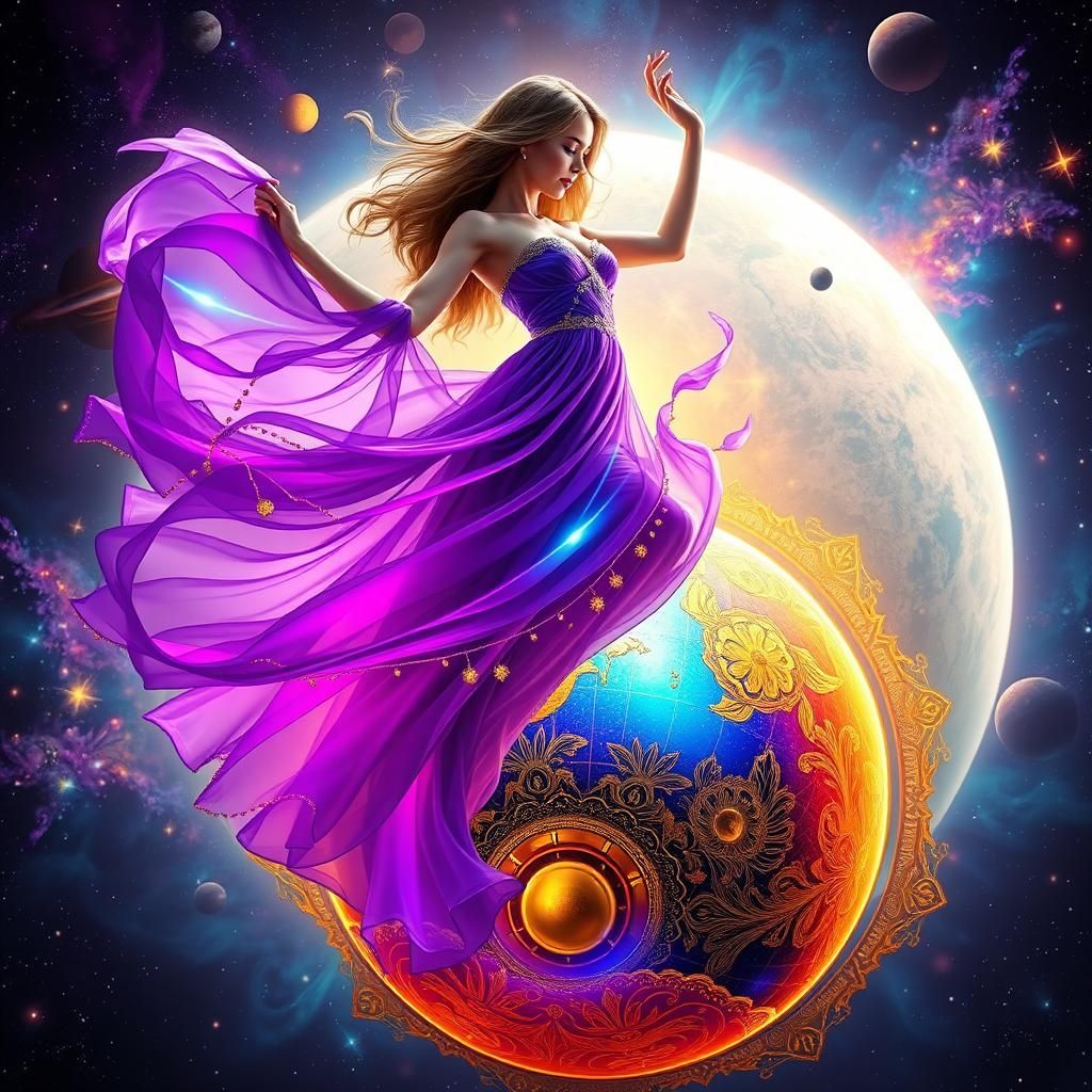 Luminescent Woman Dancing Above Golden Globe