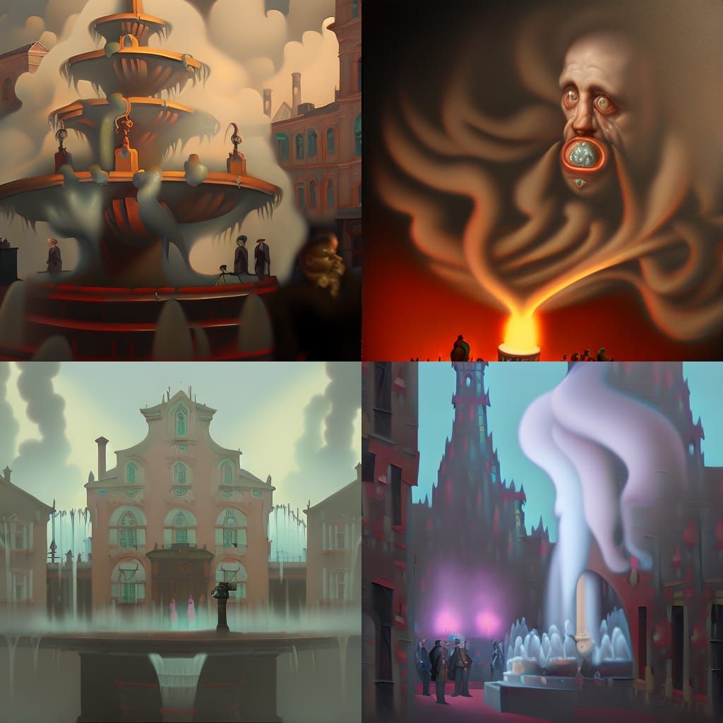 Lovecraftian Victorian Fountain in Dark Oil Painting