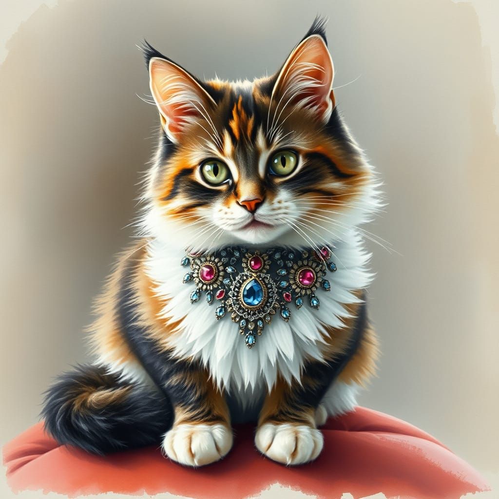 Calico Cat with Jeweled Collar in Watercolor Style