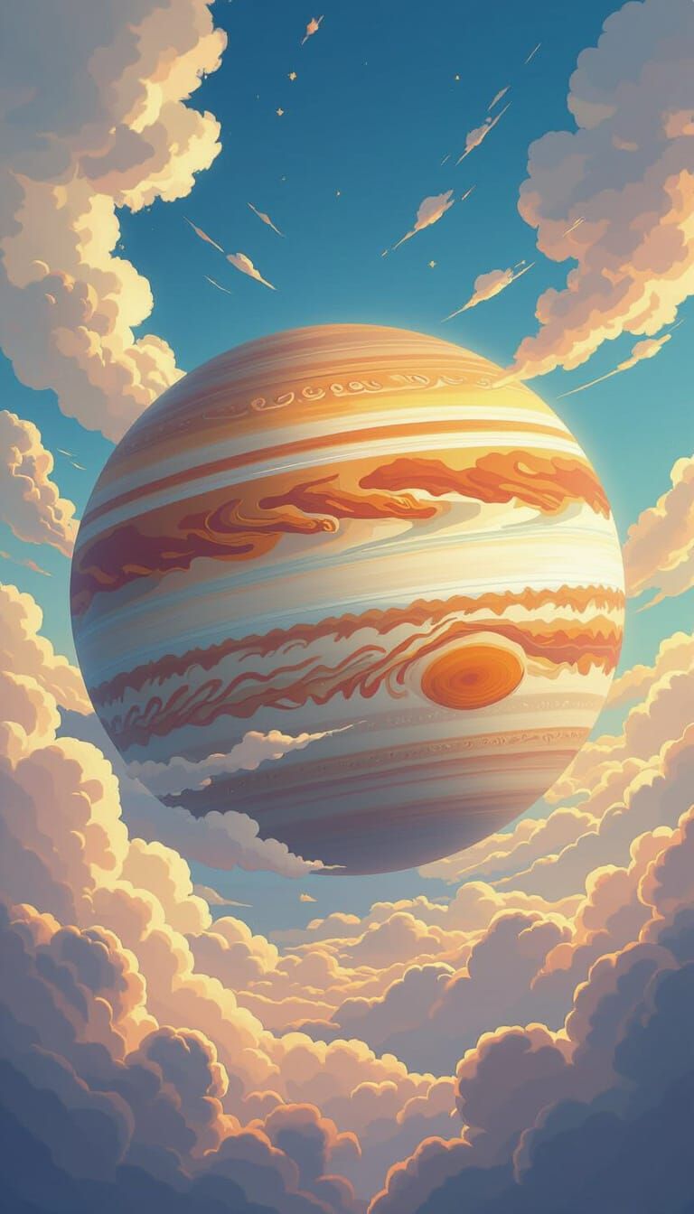 Colossal Cloud Planet With Great Red Spot in Ghibli Style