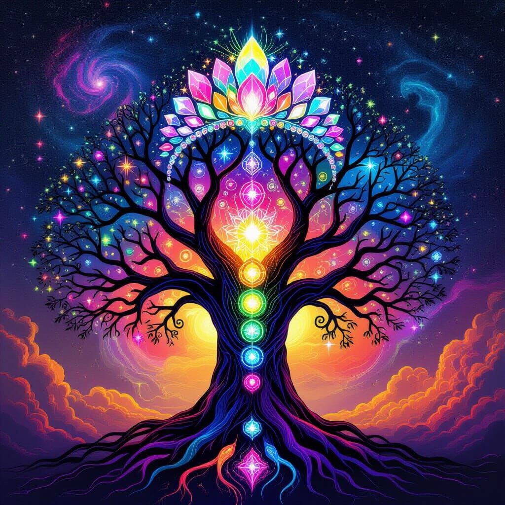 Cosmic Tree of Life with Crystal Crown, Psychedelic Art