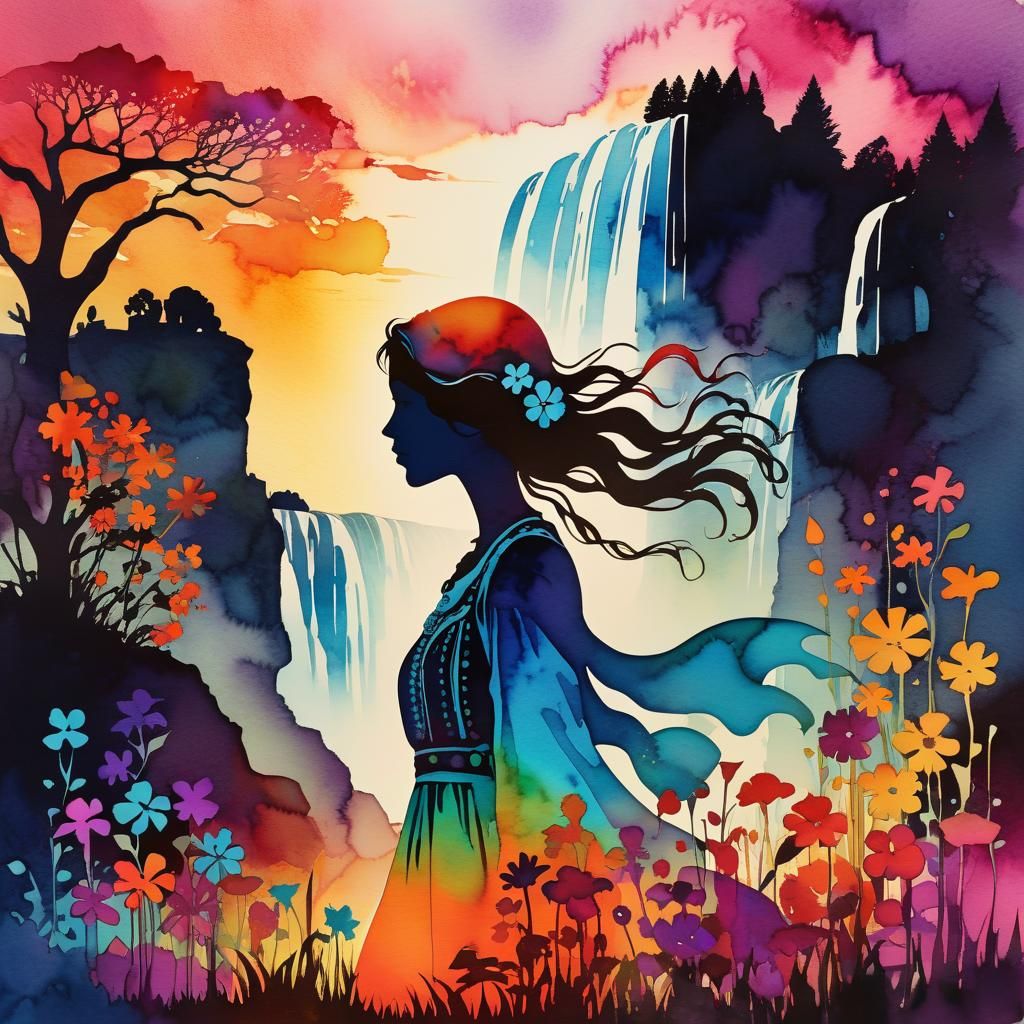 Psychedelic Gypsy Woman in Surreal Watercolor Garden