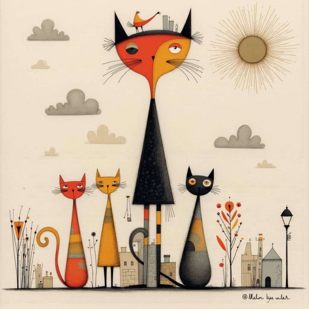 Quirky Cat Tribe in Earthy, Geometric Dada Style
