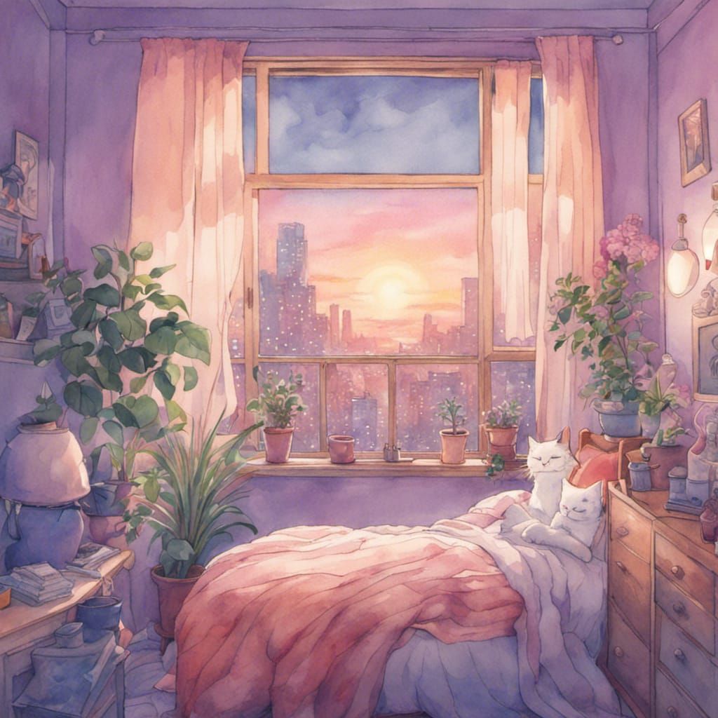 Anime Bedroom Interior with Cat and Sunset View