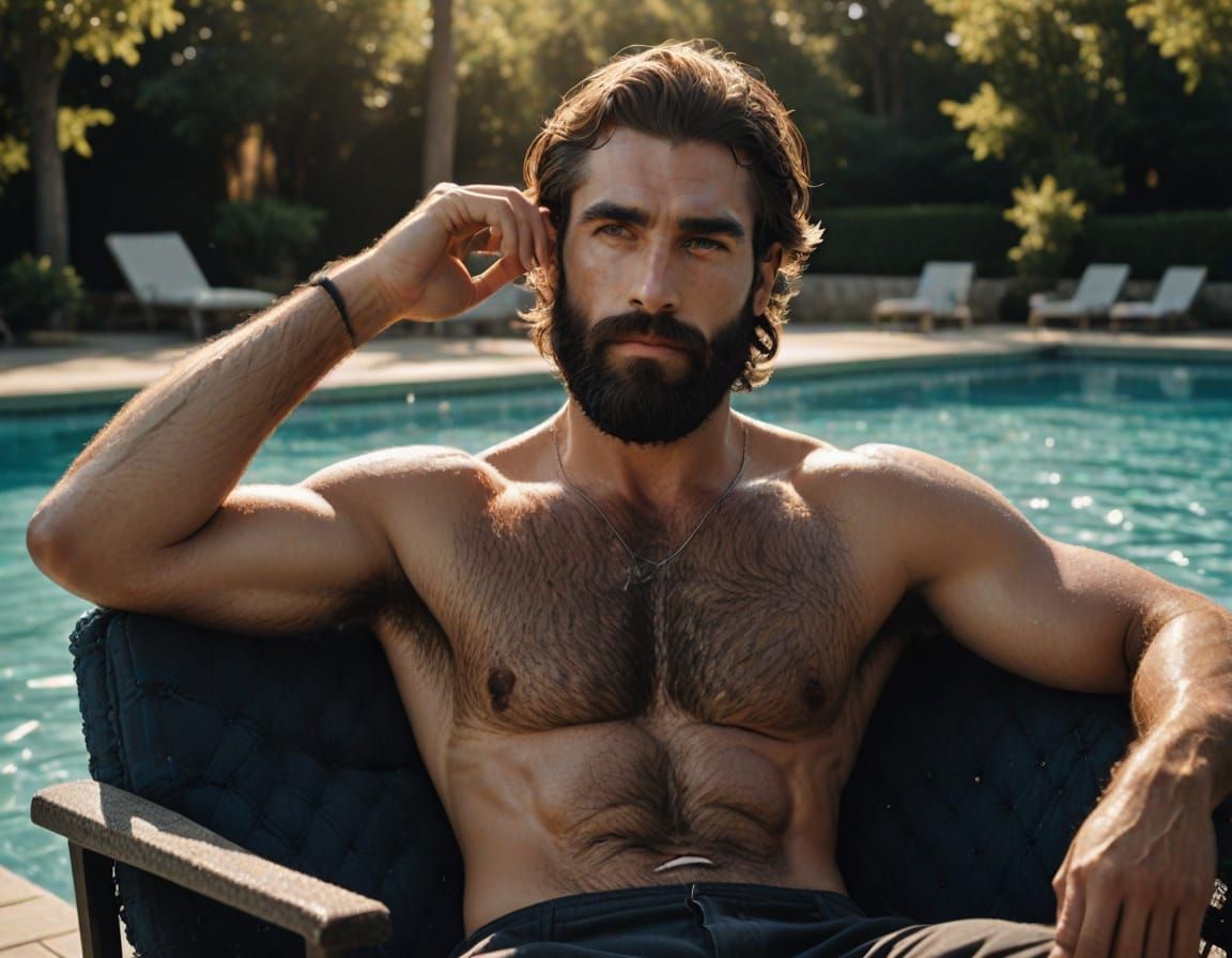 Ruggedly Handsome Man Basks in Sunlit Poolside Moment