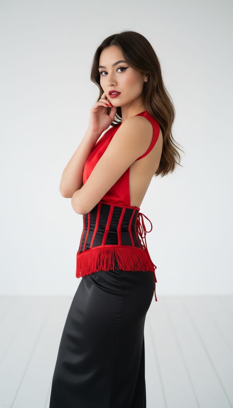 Confident Woman in Red Satin Poses for Studio Photo