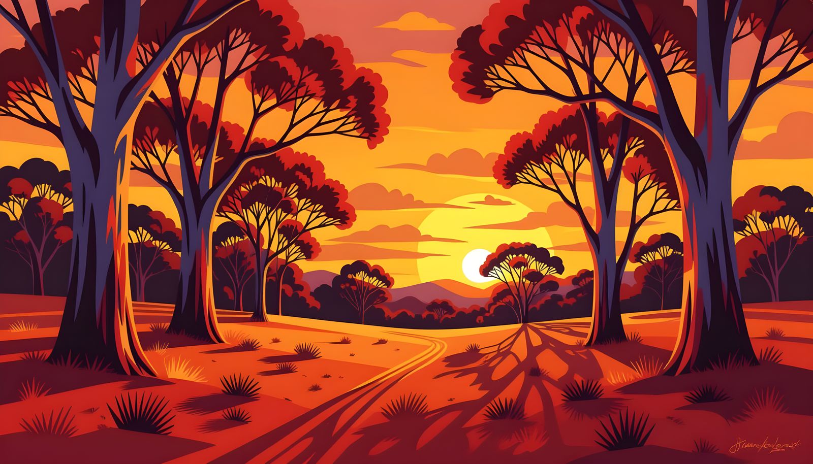 Vibrant Australian Bush Sunset with Whimsical Artistry