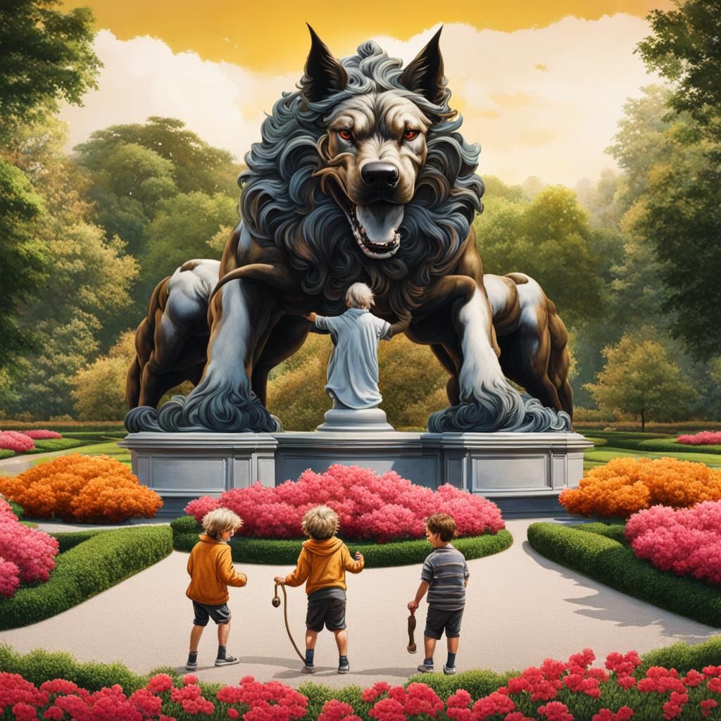 Cerberus and Boy Play in Garden