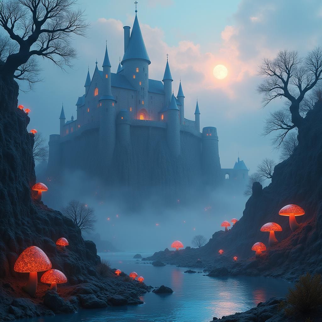 Alien Castle on Bioluminescent World as Digital Painting