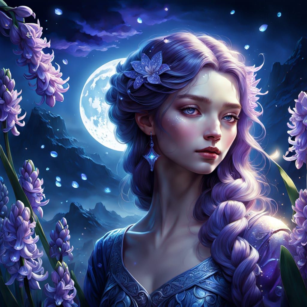 Purple Hyacinth Under Full Moon Digital Painting