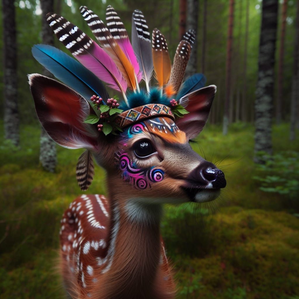 Fawn with Tribal Makeup and Feathered Headdress