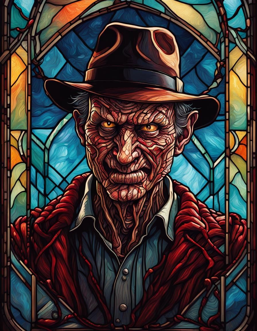 Stained Glass Freddy Krueger Portrait in Hyperdetailed Style