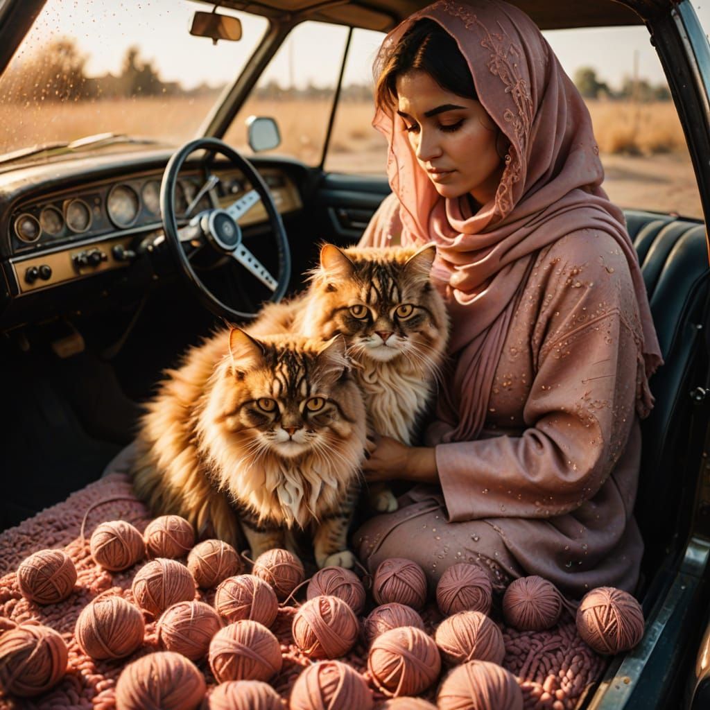 Iranian Woman and Cat Work on Vintage Car