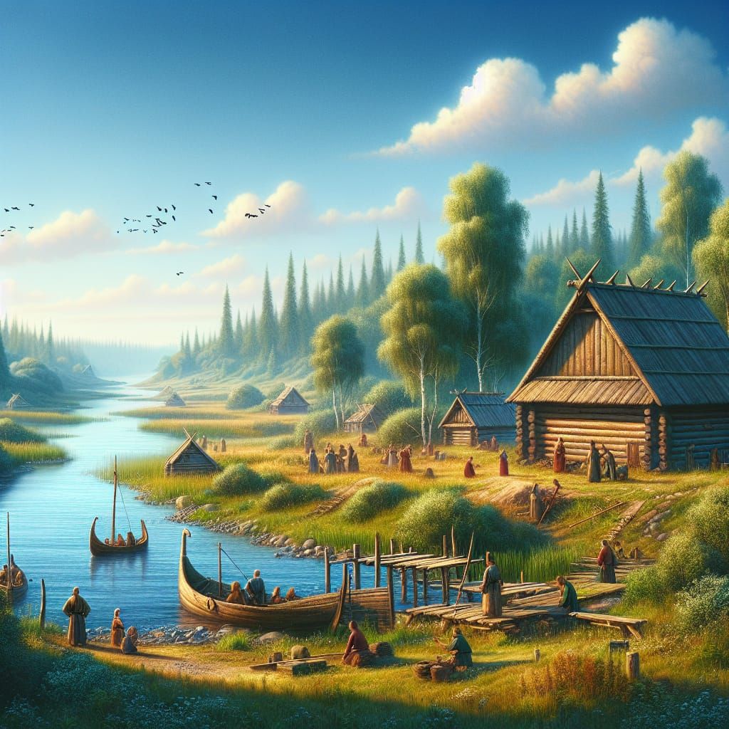 Ancient Rus Village Scene in Untouched Landscape