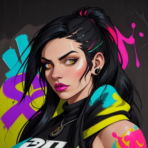 Urban Street Art Portrait of Girl with Black Hair