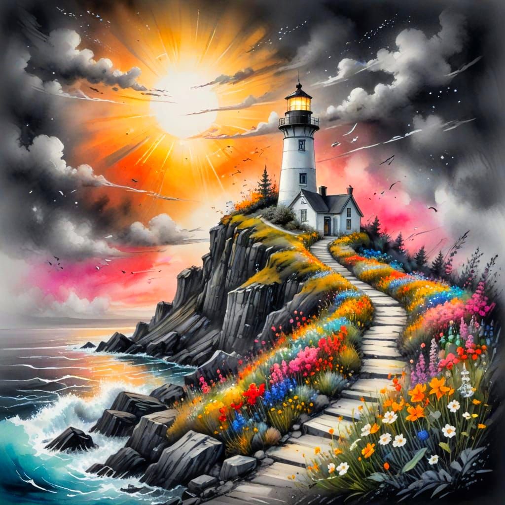 Fairytale Lighthouse in Sunlit Winterscape with Wildflowers